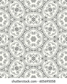 Black and white doodle sketch seamless pattern, repeating monochrome graphic texture. Tribal ethnic ornament. Vector decorative geometric background. Zen-doodle style decor, coloring book page