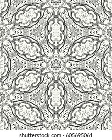 Black and white doodle sketch seamless pattern, repeating monochrome graphic texture. Tribal ethnic ornament. Vector decorative geometric background. Zen-doodle style decor, coloring book page