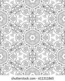 Black and white doodle sketch seamless pattern, repeating monochrome graphic texture. Tribal ethnic ornament. Vector decorative geometric background. Zen-doodle style decor, coloring book page