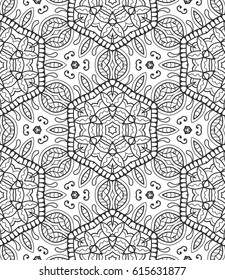 Black and white doodle sketch seamless pattern, repeating monochrome graphic texture. Tribal ethnic ornament. Vector decorative geometric background. Zen-doodle style decor, coloring book page