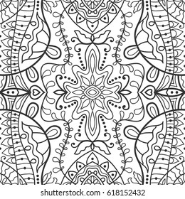 Black and white doodle sketch seamless pattern, repeating monochrome graphic texture. Tribal ethnic ornament. Vector decorative geometric background. Zen-doodle style decor, coloring book page
