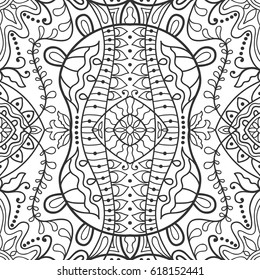 Black and white doodle sketch seamless pattern, repeating monochrome graphic texture. Tribal ethnic ornament. Vector decorative geometric background. Zen-doodle style decor, coloring book page