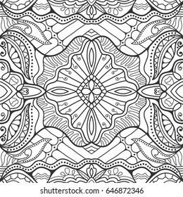 Black and white doodle sketch seamless pattern, repeating monochrome graphic texture. Tribal ethnic ornament. Vector decorative geometric background. Zen-doodle style decor, coloring book page