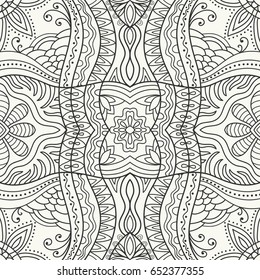 Black and white doodle sketch seamless pattern, repeating monochrome graphic texture. Tribal ethnic ornament. Vector decorative geometric background. Zen-doodle style decor, coloring book page