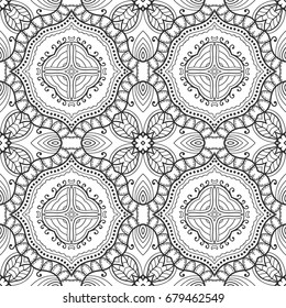 Black and white doodle sketch seamless pattern, repeating monochrome graphic texture. Tribal ethnic ornament. Vector decorative geometric background. Zen-doodle style decor, coloring book page