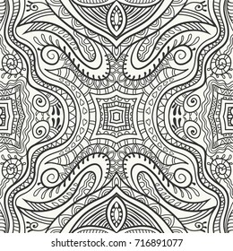 Black and white doodle sketch seamless pattern, repeating monochrome graphic texture. Tribal ethnic ornament. Vector decorative hand drawn background, coloring book page