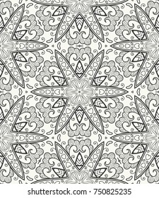 Black and white doodle sketch seamless pattern, repeating monochrome graphic texture. Tribal ethnic ornament. Vector decorative geometric background. Zen-doodle style decor, coloring book page
