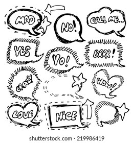 Black and white doodle speech bubble set. Hand drawn. You can change the colors.