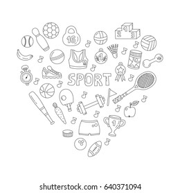 Black and white doodle sport fitness vector icons set