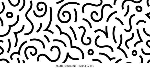 Black and white doodle squiggly lines seamless pattern. Abstract childish scribble repeating background. Basic shapes and curved wavy stripes wallpaper. Vector backdrop 
