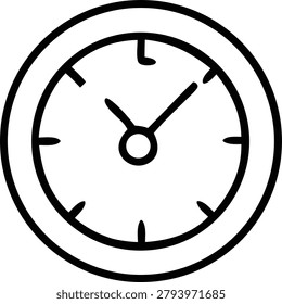 Black and white doodle style clock icon. Simple round watch face with hour and minute hands. Cartoon time tracker element. Modern flat line art for scheduling and productivity tools.