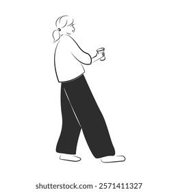 Black and white doodle style drawing of a walking girl. Trendy girl in black pants walking and holding coffee. Vector design. Simple and concise lines.