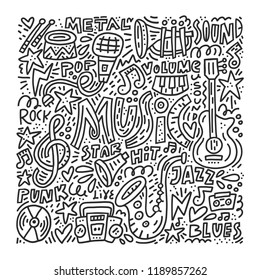 Black and white doodle style illustration with music symbols. Perfect illustration for music festival or for coloring book.