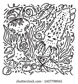 Black and white doodle style illustration with сute water creators. Underwater life. Fish, squid, starfish, shell, scallop, seaweed. Perfect vector pic for web banner designs or for coloring book.