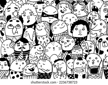 Black and white doodle style illustration with face symbols. Perfect illustration for coloring book.