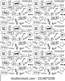 Black and white doodle style seamless pattern with comic style elements, hand drawn vector illustration