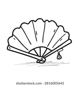 A black and white doodle style sketch of an elegant handheld folding fan with a decorative tassel attached.