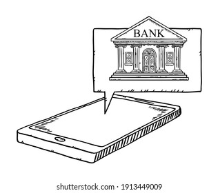 Black and white, doodle style vector illustration of smartphone and bank application on screen. Hand drawn vector illustration of online banking.