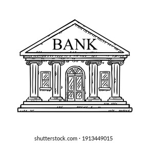 Black and white doodle style vector illustration of bank. Hand drawn vector illustration of online banking.