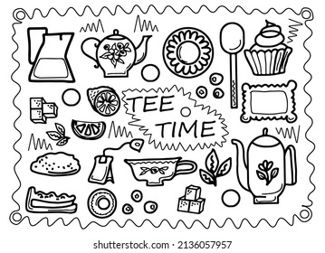 Black and white doodle style vector illustration with tea party set ,Background for restaurant or cafe menu