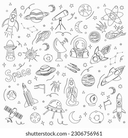 Black and White Doodle style Vector Illustration Set Cosmic Elements.