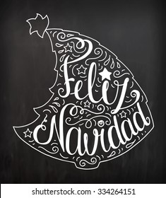 Black and white doodle typography poster with christmas tree. Cartoon cute card on celebration theme with lettering text - Feliz Navidad. Hand drawn vector illustration isolated on chalkboard.