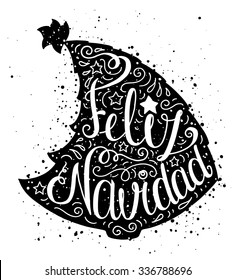 Black and white doodle typography poster with christmas tree. Cartoon cute card on celebration theme with lettering text - Feliz Navidad. Hand drawn vector illustration isolated on white background.