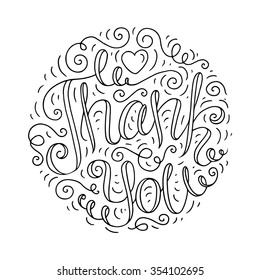 Black and white doodle typography poster with curly ornament. Cartoon cute card with lettering - Thank you. Hand drawn romantic vector illustration isolated on white background.