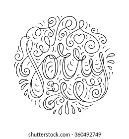 Black and white doodle typography poster with ornate apologize. Cartoon cute card with lettering - Sorry. Hand drawn romantic curly vector illustration isolated on white background.