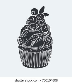 Black and white doodle typography poster with cupcake. Cartoon cute card with. Black and white hand drawn vector illustration isolated.