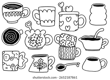 black and white doodle of various cute coffee mugs and cups with flowers, hearts, and a spoon, perfect for cozy kitchen decor, coloring books, or cute cafe designs.	
