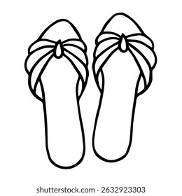 Black and white doodle vector image of house slippers. Summer footwear.