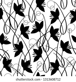 Black and white doodle vector seamless pattern wiht crocus plants, flovers, leaves. Hand drawing inspired by spring lawn. 