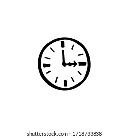 Reloj de pared de doodle en blanco y negro. Imagen hecha a mano para sitios web, banners, tarjetas, diseñadores.