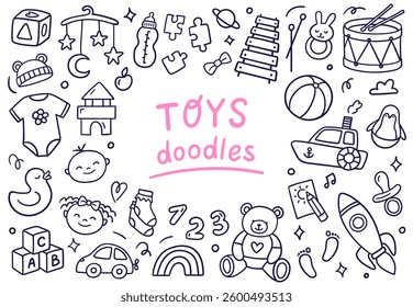 Black and white doodles with baby toys and childhood elements: teddy bear, rattle, drum, rocket, puzzles, and more. Vector illustrations on a white background. 