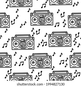 Black and white doodles boombox with music notes seamless pattern. Music lover design for clothes, room decor, paper, cover, fabrics and more