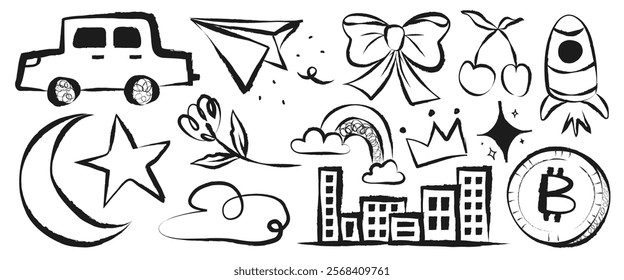 Black and white doodles of a car, paper plane, bow, cherries, rocket, moon, star, cloud, rainbow, crown, buildings, and Bitcoin symbol. Playful doodles, fun sketches. Cute element vector set.