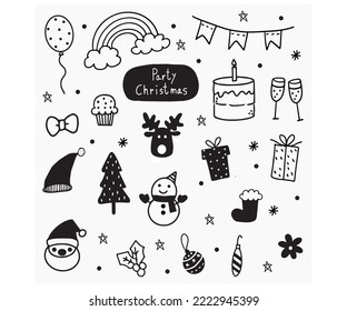 Black and white Doodles of christmas party vector designs. Suitable for design or illustration of Christmas celebrations.