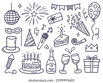 Black and white doodles of festive elements: cake, gifts, glasses, champagne, balloons, fireworks, masks, music, and decorations. Vector illustrations on a white background. 