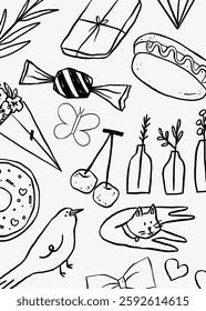 Black and white doodles of gifts, candies, hot dogs, flowers, cherries, birds, and cats. Simple, playful sketches of everyday items and animals. Isolated vector illustration.