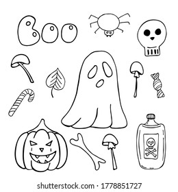 Black and white doodles for halloween. Vector images for print, web, postcards. Halloween set.