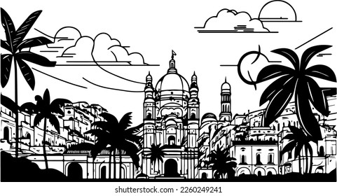 black and white doodles illustration of cuba city scene