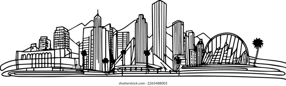 Black and white doodles illustration of the los angeles skyline 