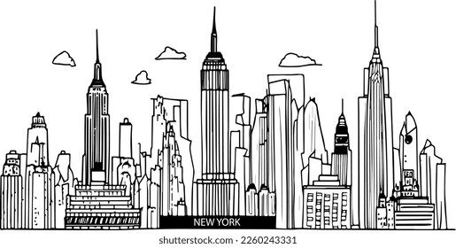 Black and white doodles illustration of  the New York city skyline. 