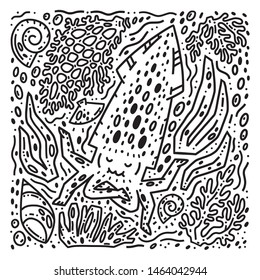 Black and white doodles illustration with squid in vector. Hand drawn cute character. Perfect illustration for marine festival or coloring book.
