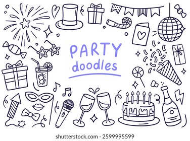 Black and white doodles of party elements: cake, gifts, glasses, champagne, balloons, fireworks, masks, music, and decorations. Vector illustrations on a white background. 