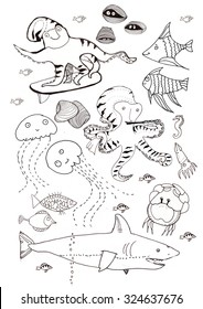 Black and white doodles . Sea, fishes and octopuses. Underwater life.