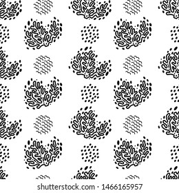 Black and white doodles seamless pattern with corals in vector. Can be used for wallpaper, pattern fills, web page background, surface textures designs.