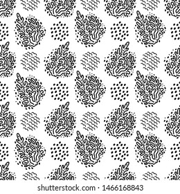 Black and white doodles seamless pattern with corals in vector. Can be used for wallpaper, pattern fills, web page background, surface textures designs.