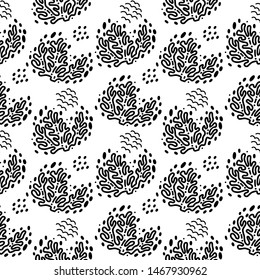 Black and white doodles seamless pattern with corals in vector. Can be used for wallpaper, pattern fills, web page background, surface textures designs.